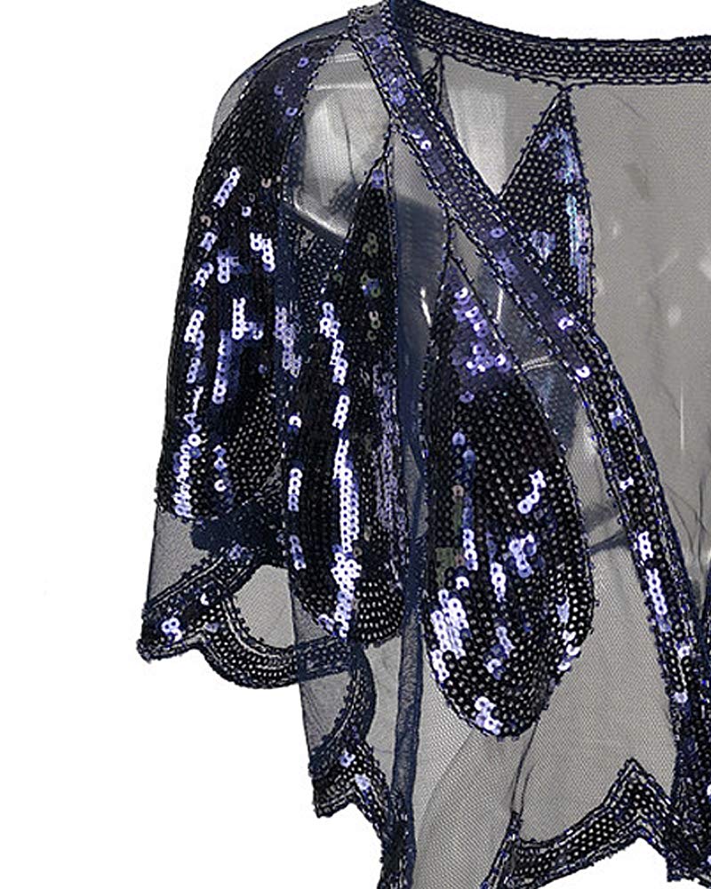 Grouptap Wedding brides women gatsby cape shawl beaded wrap bolero blue black for 1920s art decor fashion evening party dress (Blue) - Image 3