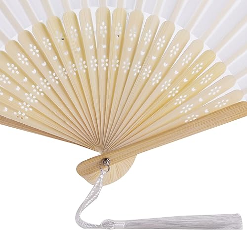 Miniatura 6 de SL crafts 50 Sets Imitated Silk Hand Fan with Tassel and Gift Bags and Thank You Gift tag Fabric Folding Hand Fans Bamboo Folded Handheld Fan