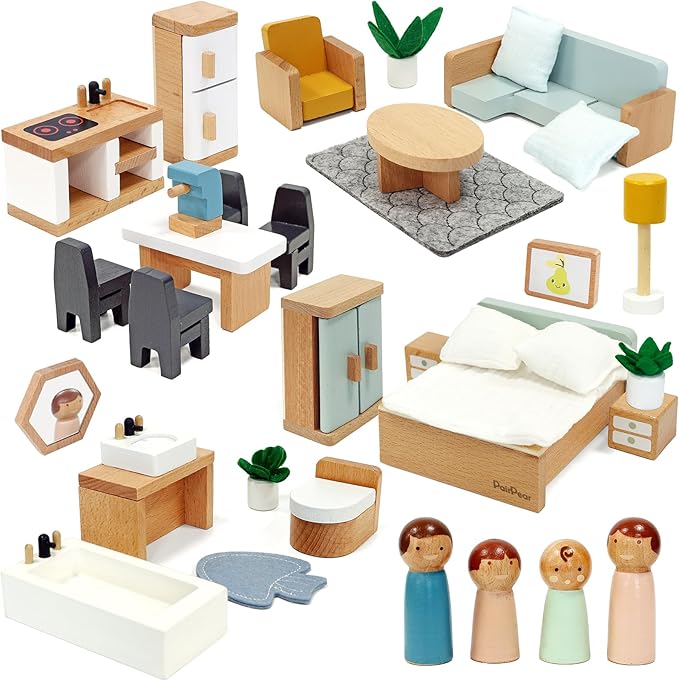 PairPear Wooden Toys Dollhouse Furniture Playset,35 Piece Furnitures with Family Dolls,Doll House Accessories Pretend Play Gift for Girls and Boys 3 Year and Up