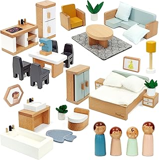 PairPear Wooden Toys Dollhouse Furniture Playset,35 Piece Furnitures with Family Dolls,Doll House Accessories Pretend Play Gift for Girls and Boys 3 Year and Up