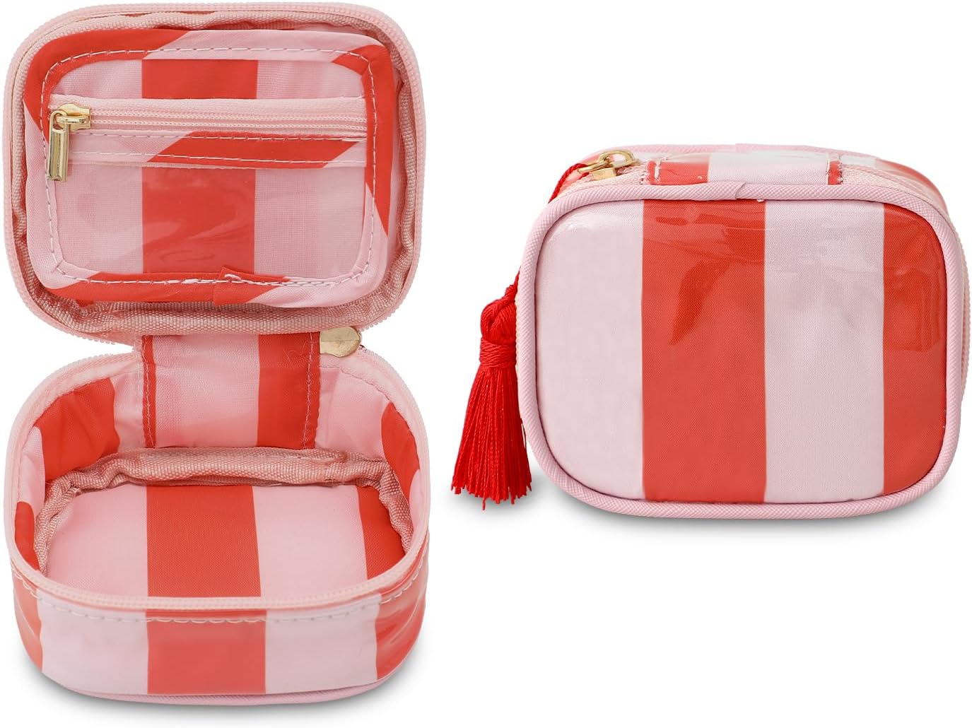 Small Jewelry Travel Case for Women,Clear Coated Stripe Jewelry Organizer with Tassels,Mini Storage Box for Ring,Necklace,Bracelet,Gift (Pink+Orange)