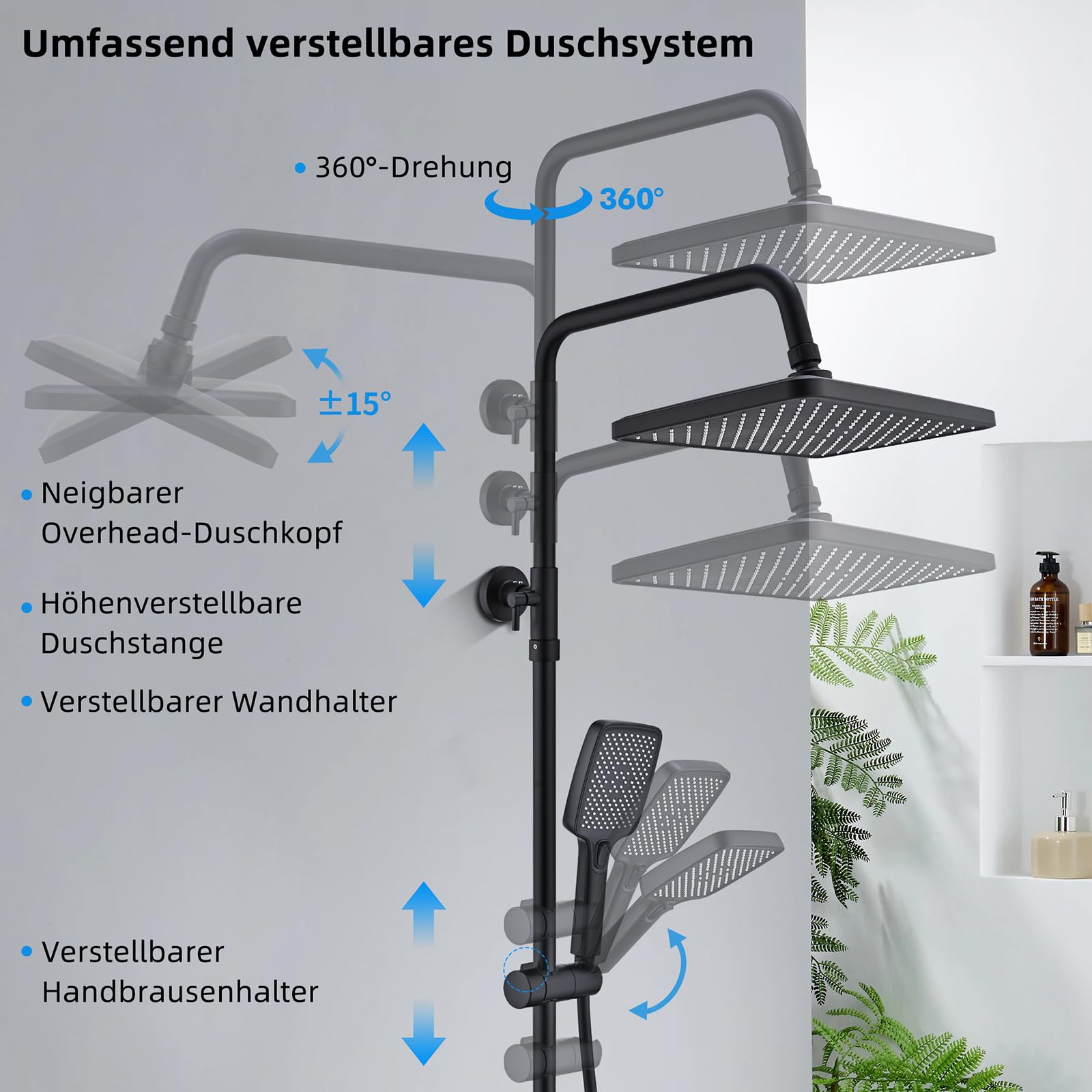 HOMELODY Duschsystem mit Thermostat Schwarz 30 cm Regendusche | 3 Strahlarten Handbrause, Duscharmatur Edelstahl Regendusche mit Armatur, Duscharmatur Komplettset, Duschset