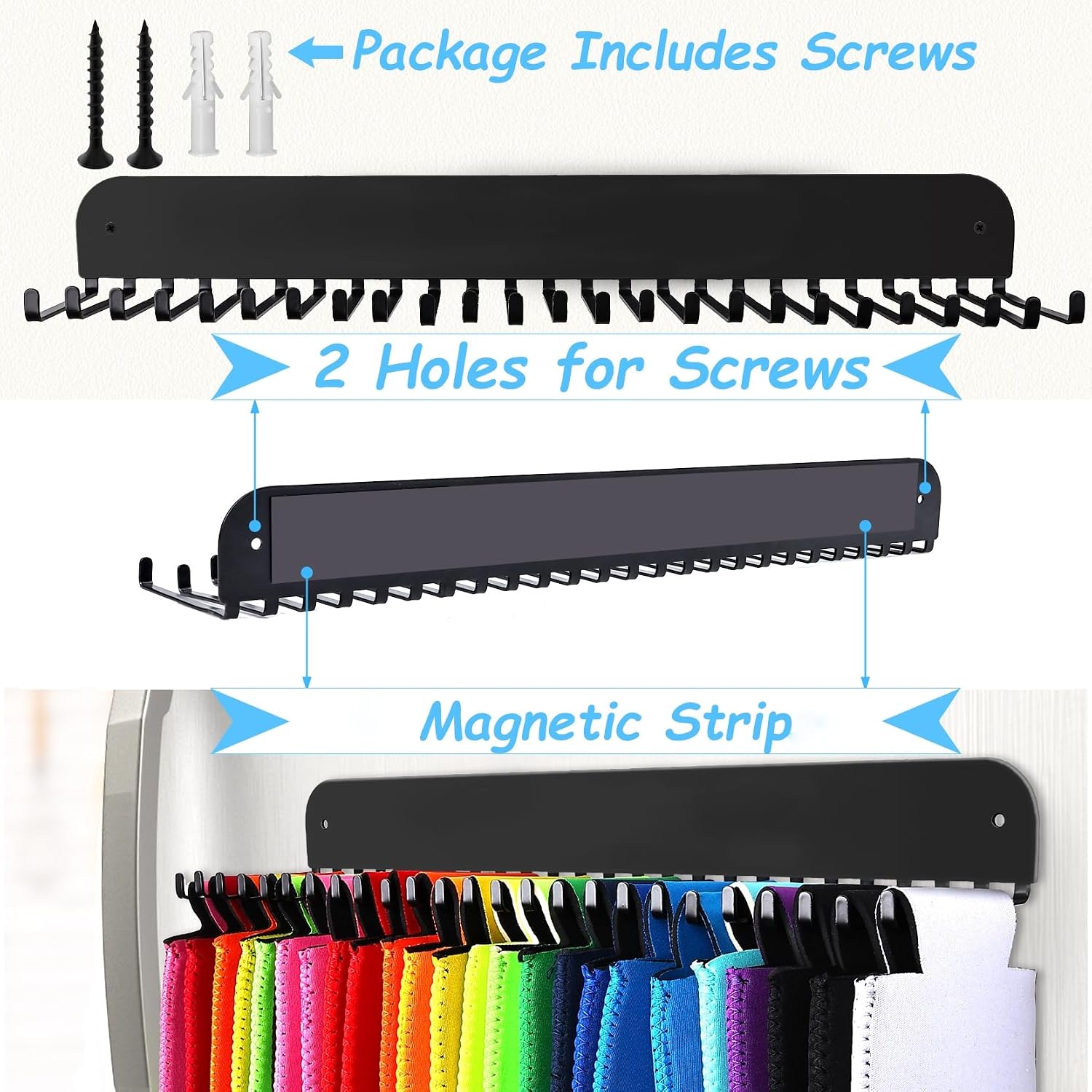 RESOVO Can Cooler Sleeves Holder Magnetic for Fridge, Beer Sleeves Dispenser Organizer for Storage w/ 25 Hooks, with Screws for Wall Mounted, for Holidays Wedding Party