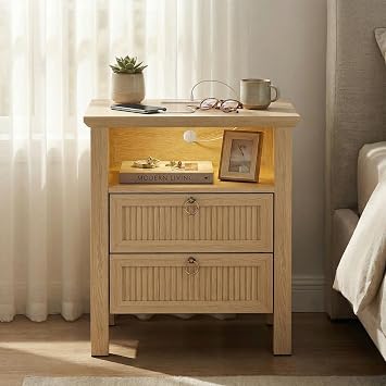 Modern Fluted Night Stand with Charging Station and LED Light, 19.6 W Bedside Table with 2 Drawers and Open Shelf, End Table for Bedroom, Living Room, Oak