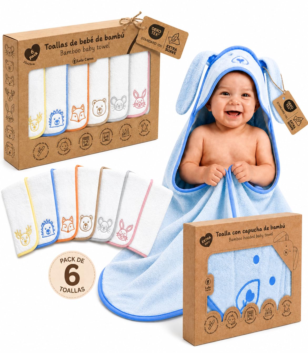 Bade-Set Baby Bambus: 6er-Pack Gesichtshandtücher 25x25cm + Kapuzenhandtuch Blau Hündchen 89x89cm Neugeborenes Hypoallergen Antibakteriell Originelles Geschenk Baby Shower