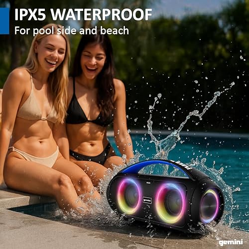 Miniatura 2 de Gemini - Altavoz portátil Bluetooth Boombox con graves profundos, luces LED de fiesta, radio FM, USB, entrada de micrófono y batería de 7 horas,