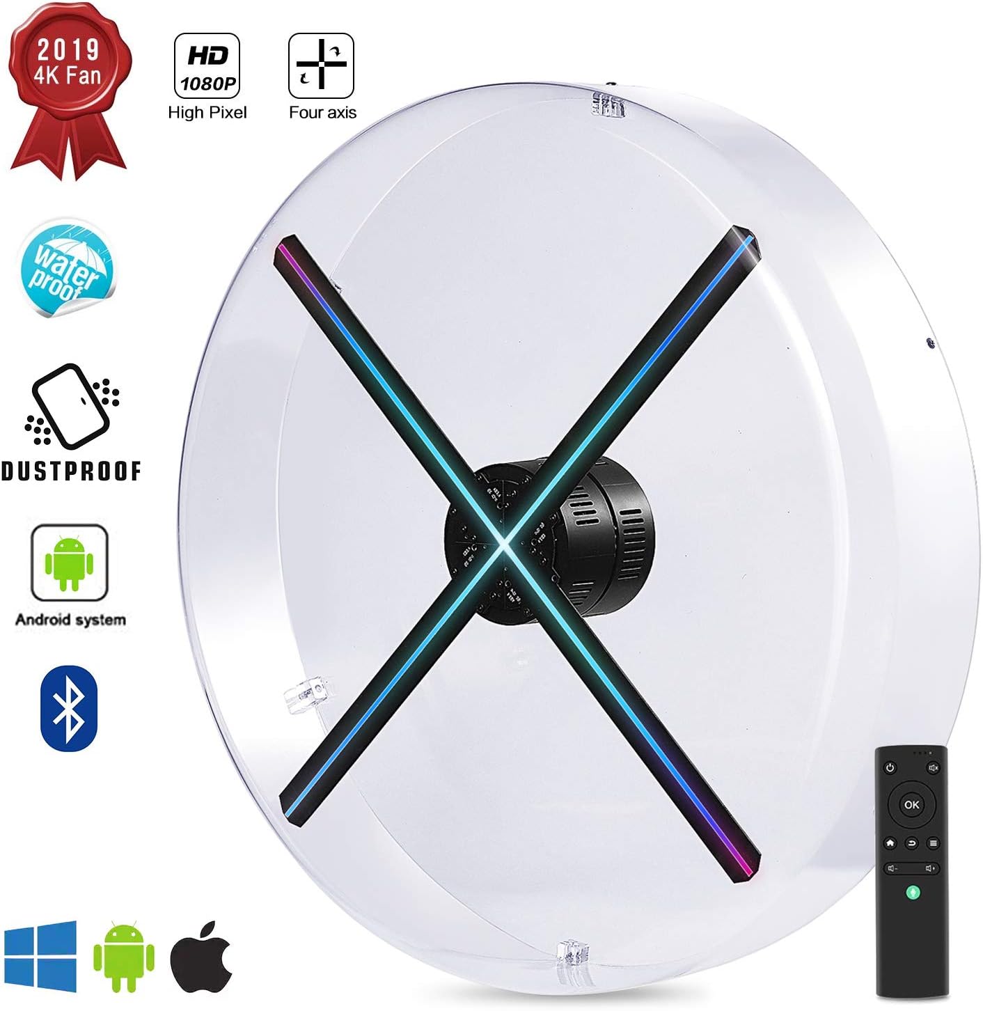 2019 Premium 3D Hologram Fan, Four-Axil Design Hologram Projector, Android Smart Operating System, Holographic Advertising Fan Upload by APP /TF Card/Cloud Serve, Support WiFi+Bluetooth (with cover)