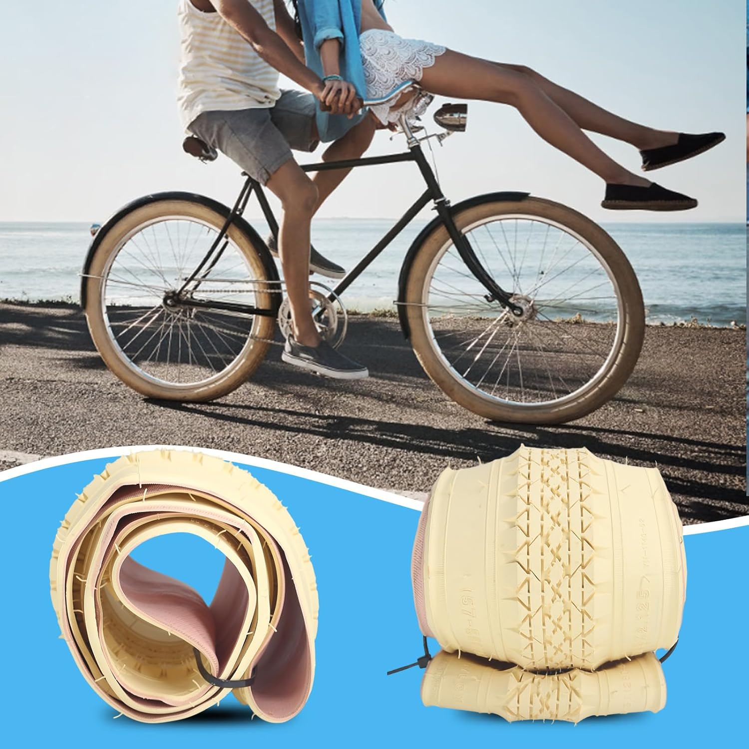 SIMEIQI 2 Pack 24"x2.125" 26"x2.125" 26"x2.35" Cream Cruiser Beach Bike Tires and Tubes with 2 Rim Strips Glueless Patches Kit Foldable Replacement Beach Bike Tires for City Hybrid Bicycles