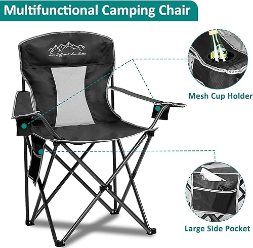 Miniatura 5 de Silla de camping plegable para exteriores con soporte para tazas, bolsa de almacenamiento, pies grandes antideslizantes, capacidad de 325 libras,