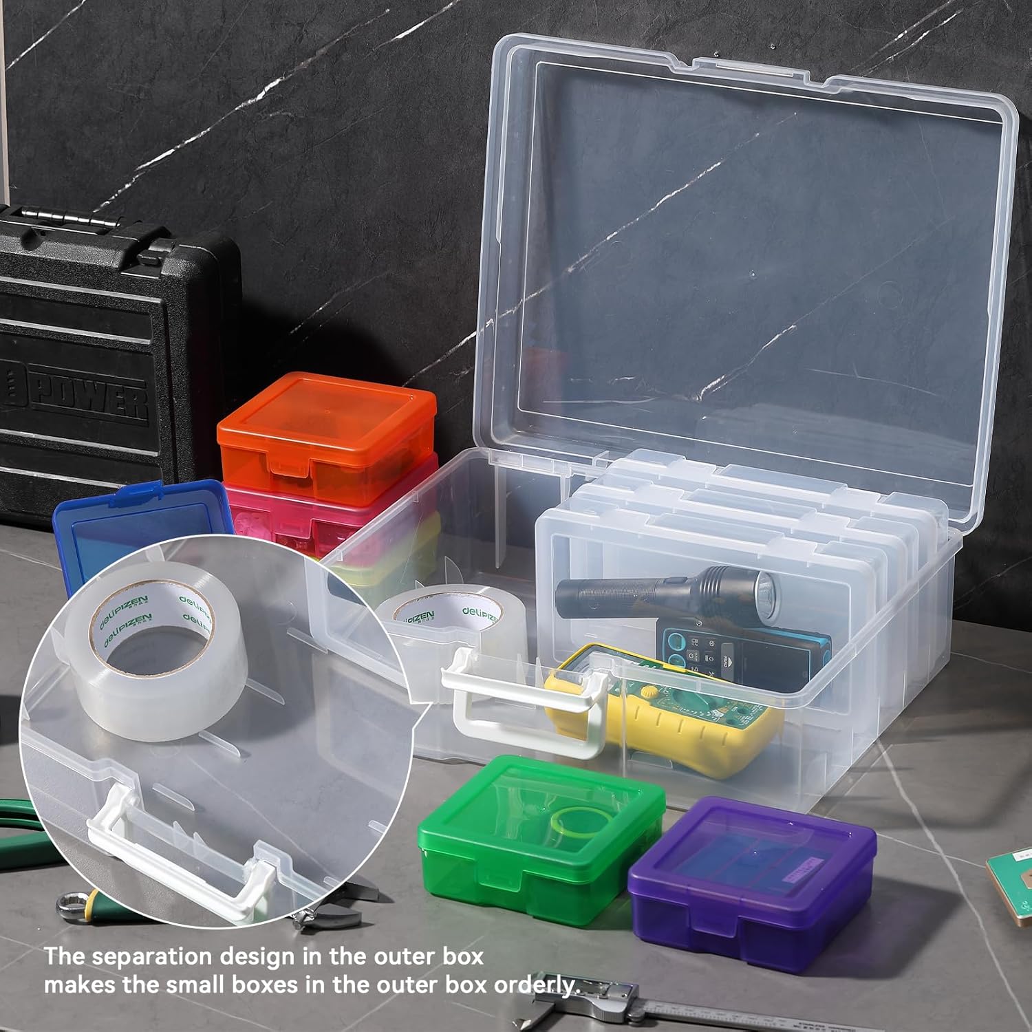 Novelinks Stackable Plastic Clear Storage Box Containers with Latching Lid - Art Craft Supply Organizer Storage Containers for Pencil Box,Crayon, Jewelry (6 Pack Medium Clear+6 Pack Small Colorful)