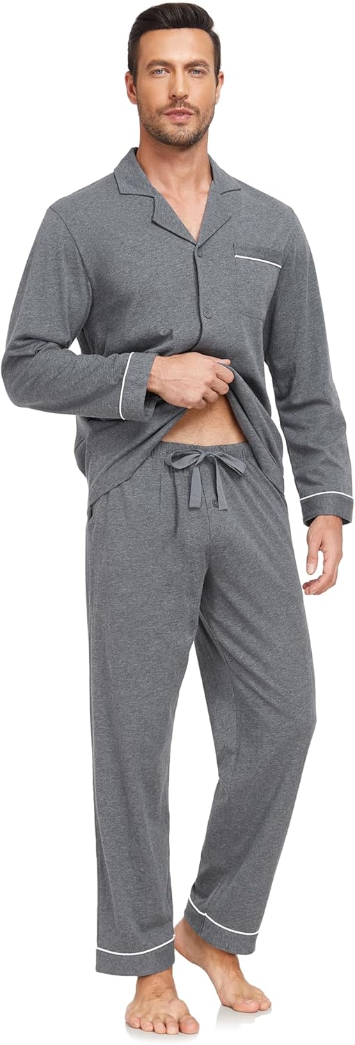 EA'S SECRET Men's 100% Cotton Pajamas Sets Long Sleeve Top and Pants Button Down Sleepwear Loungewear with Pockets S-XL - Image 3