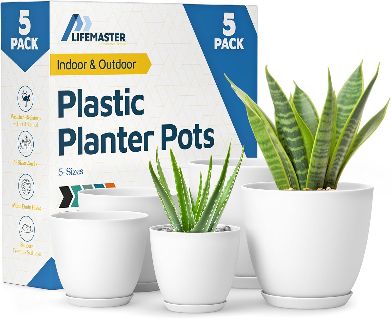 Lifemaster Eco Friendly Plant Pot Set -5-Pack Home Decor Flower Indoor and Outdoor Plastic Pots with Drainage Holes, Assorted Sizes (7″, 6.6″, 6″, 5.3″, 4.8″) – Stackable Garden Versatile Planters