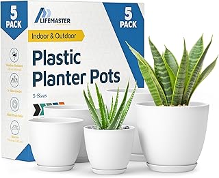 Lifemaster Eco Friendly Plant Pot Set -5-Pack Home Decor Flower Indoor and Outdoor Plastic Pots with Drainage Holes, Assorted Sizes (7", 6.6", 6", 5.3", 4.8") - Stackable Garden Versatile Planters