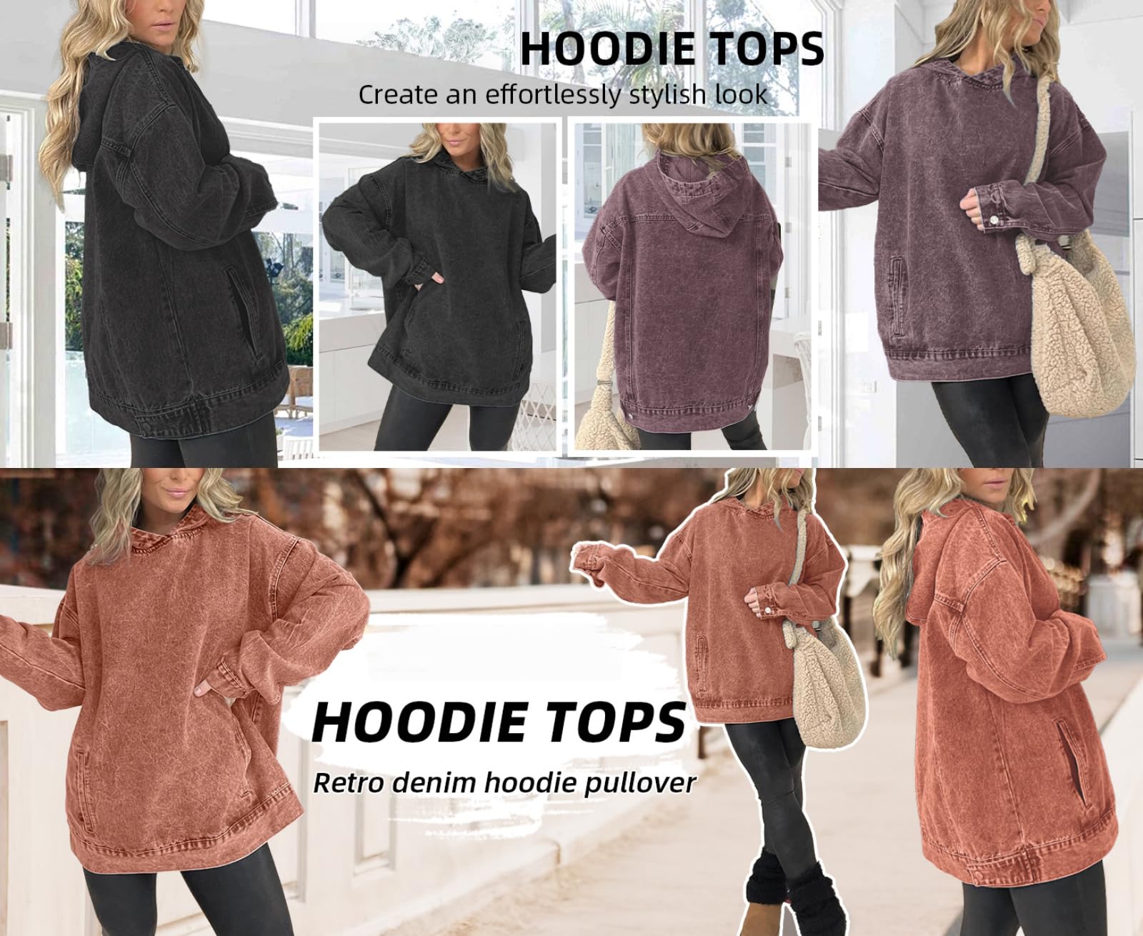 Dżinsowa bluza z kapturem z kieszeniami przednimi, damska dżinsowa bluza z kapturem, kurtka dżinsowa, damska bluza oversize z kapturem dżinsowa