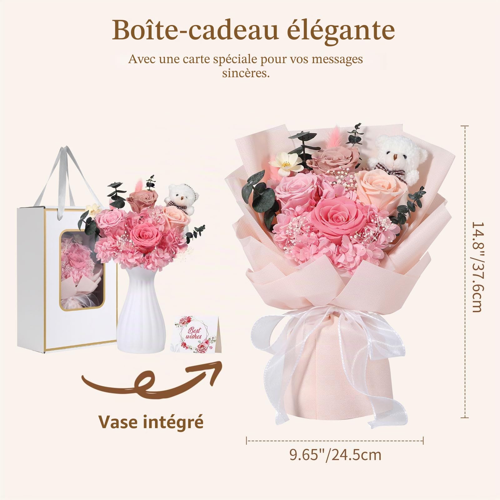 Emibele Fleurs Pour Livraison Prime Bouquets Fleurs Préservées Avec Ours | 4 Roses Roses Éternelles, Cadeaux pour Saint-Valentin, Fête Mères, Anniversaire, Diplôme – Pour Elle, Copine, Femme, Maman