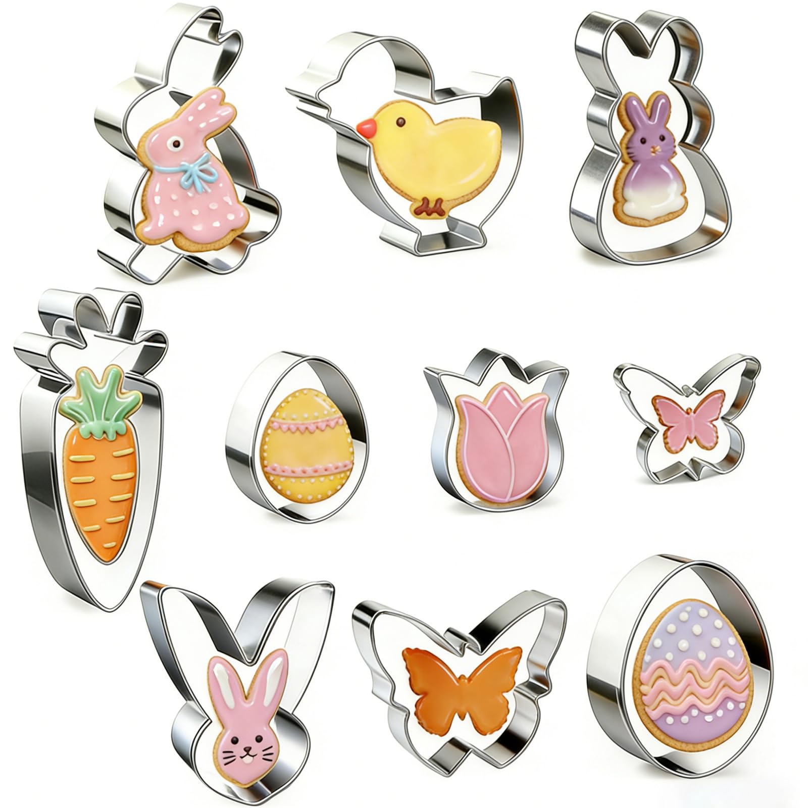 YUNNINGMENG 10 Stück Ausstechformen Ostern Set, Plätzchen Ausstecher aus Edelstahl, Ausstecher Ostern mit Hase, Ei, Karotte, Tulpe, Küken & Schmetterling, Keksausstecher Set für Easter Decoration