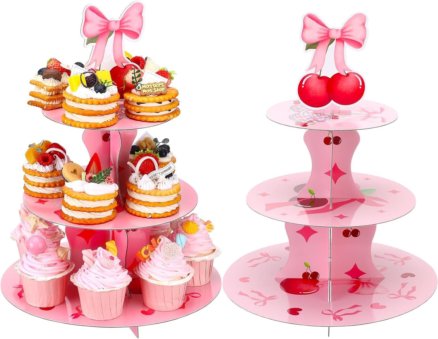 Yaomiao 2 Pcs Cherry Party Decorations Cupcake Stand She's The Cherry Theme Cupcake Stand Holder Bow Birthday Decorations for Birthday Baby Shower Bridal Shower Bachelorette Wedding Party Supplies Bow Cherry