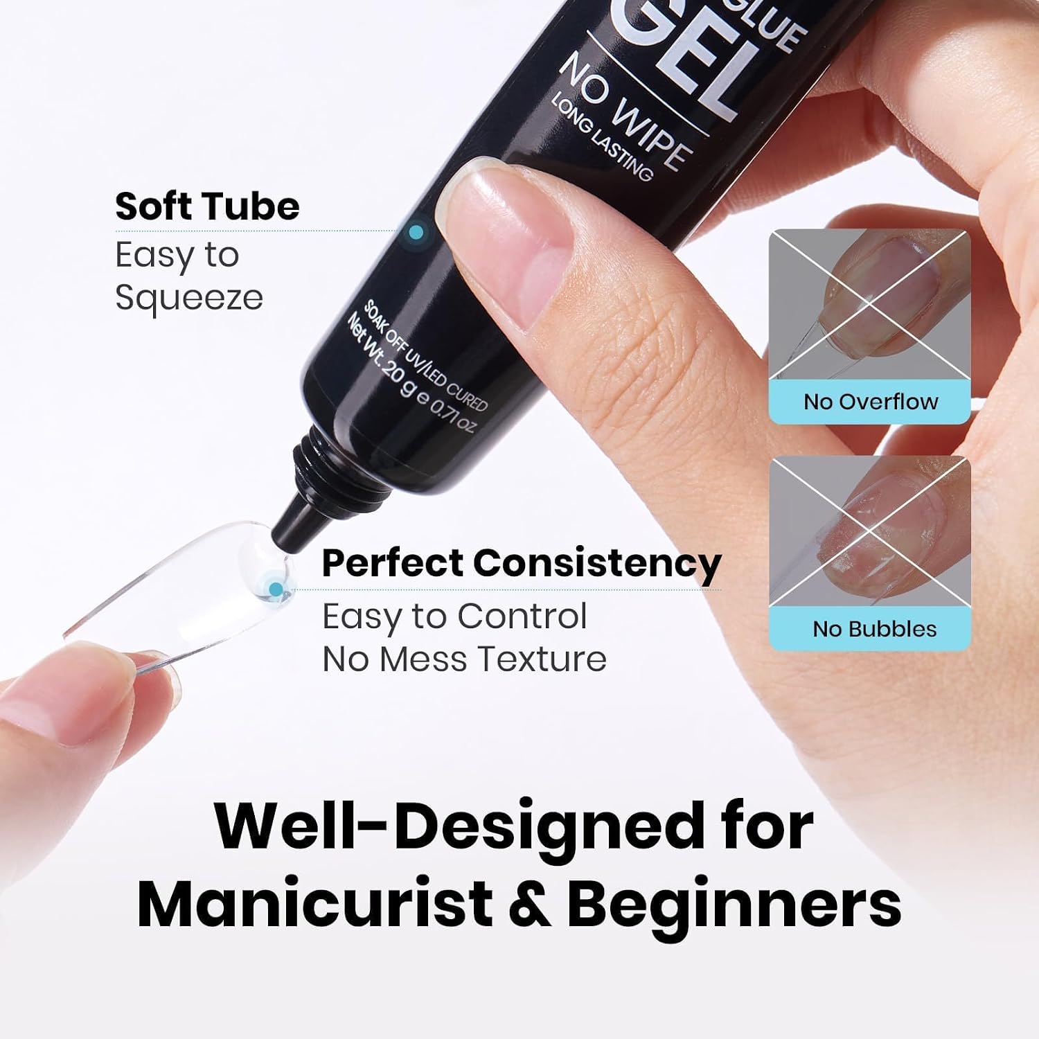 Beetles Solid Nail Glue Gel 2Pcs 20g for Nail Tips, No Wipe Hands-Free Nail Tip Glue, Super Strong for Press On Nails, Acrylic Fake Nails & Nail Extensions, 3D Nail Art, UV/LED Lamp Required