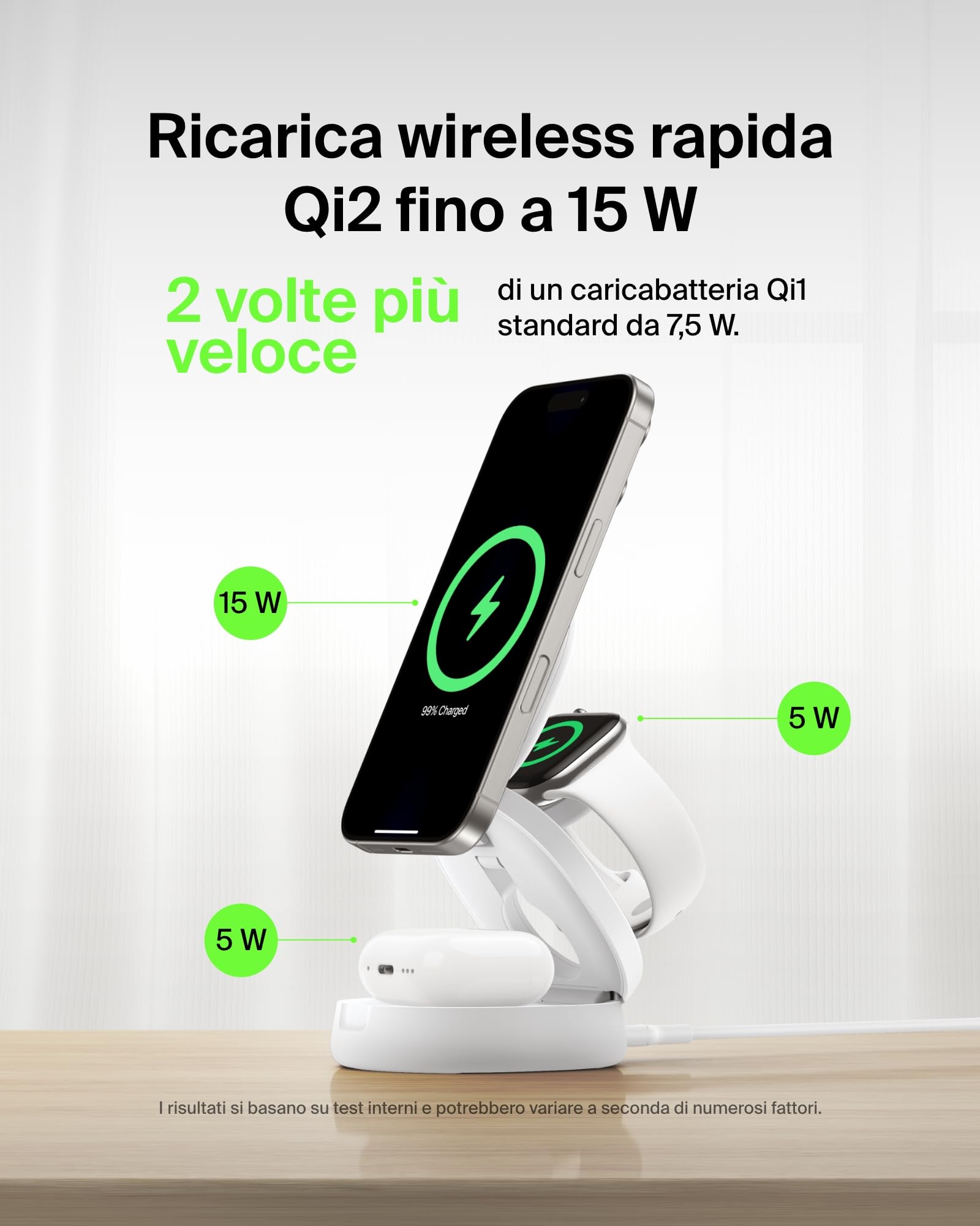 Belkin BoostCharge Caricatore Wireless Compatibile con MagSafe, Stazione di Ricarica wireless 3 in 1, Qi2 15 W per iPhone 17, Air, Apple Watch, AirPods, Pixelsnap, alimentatore da 36W - Bianco