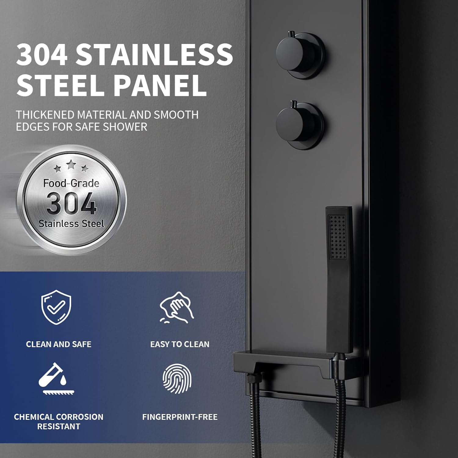 BWE Shower Panel Tower System with Shelf 3-Function Shower System with Rainfall Waterfall Shower Head and Handheld Shower Sprayer Stainless Steel Bathroom Shower Panel Set Matte Black