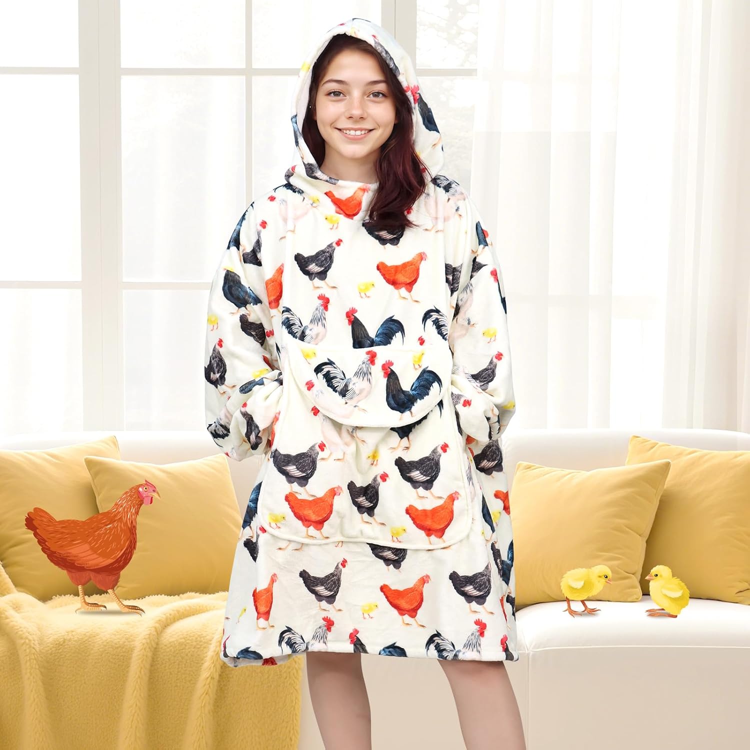 Chicken Wearable Blanket Hoodie for Women - Funny Hooded Blanket with Oversized Pocket - Chicken Decor Gifts for Women Cozy Cute Sweatshirt Blanket with Sleeves Rooster Birthday Gifts for Mom