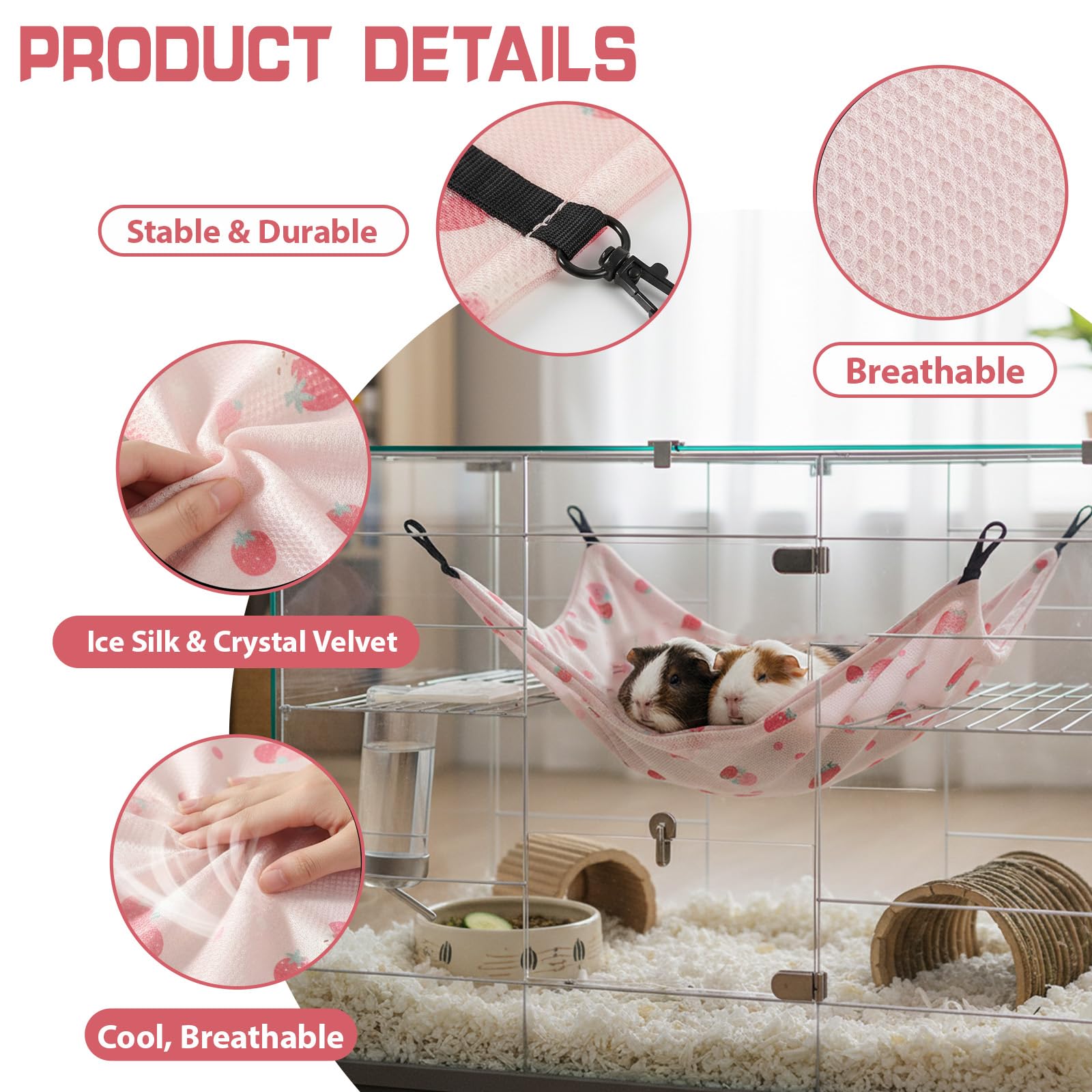 Hamac Cochon d’Inde Soie glacée 34 x 34 cm Hamac Rongeur Ajustable Cage Furet hamac Rongeur Ajustable Double Face Cage cabane balançoire fraîche été pour Lapin Hamster Chinchilla