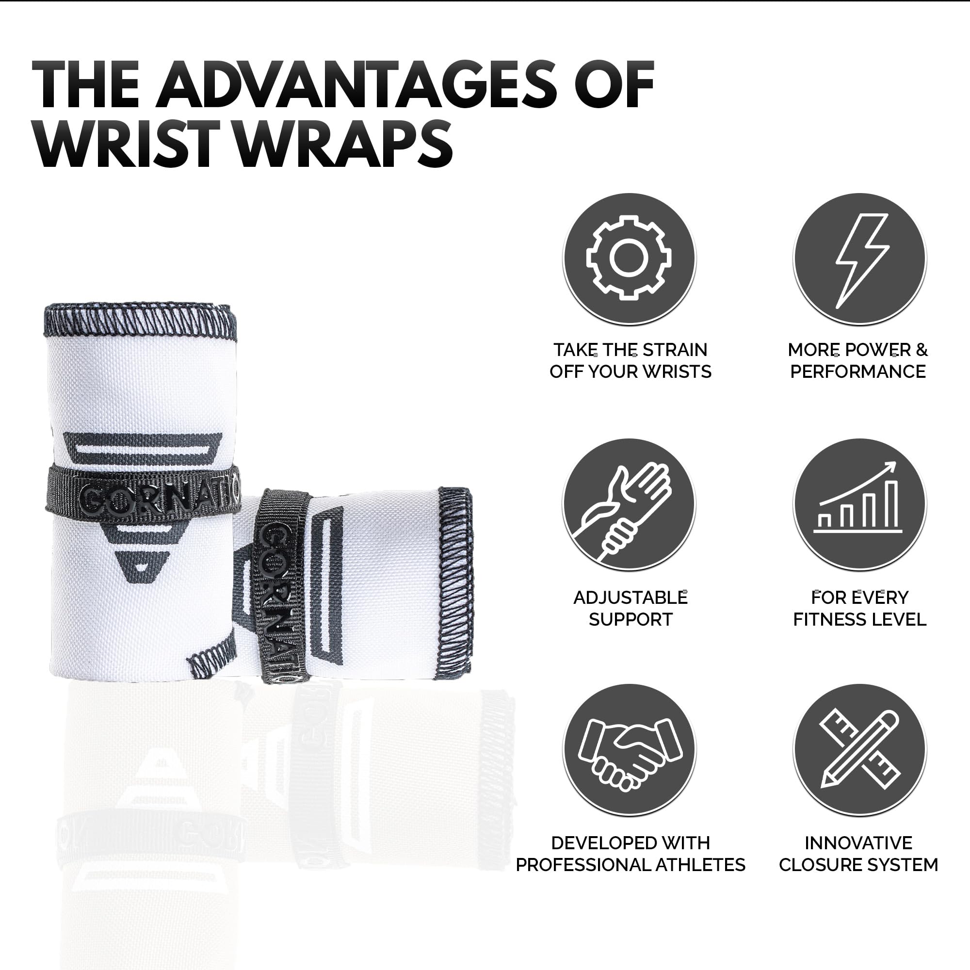 GORNATION Handledsband – Performance Wrist Wraps för fitness, gym, kalisthenics och styrketräning – 1 par omlottband, premium vit