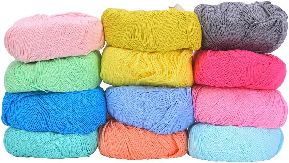 12 Colors Cotton Yarn, Soft Baby Yarn Assorted Colors Yarn Crochet Weaving Cotton Thread for Crocheting and Knitting