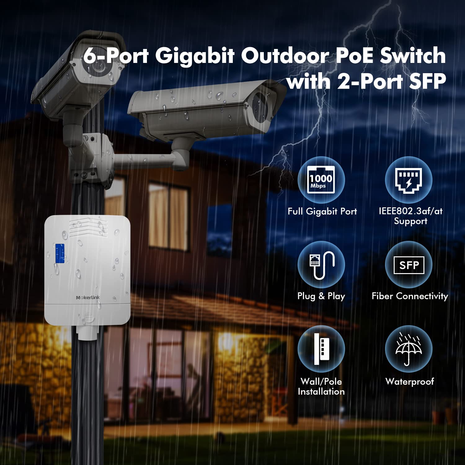 Mokerlink Outdoor 6 Port Gigabit PoE Switch, 4 Gigabit PoE, 2 Gigabit sfp, 65w ieee802.3af / at, ip65 Weather Protection Plug and Play Network Switch
