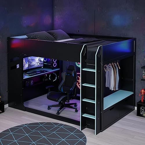 SOFTSEA Full Size Gaming Loft Bed with Desk, Storage Headboard, Drawers, Hanging Rod, USB Ports & LED Lights for Bedroom, No Box Spring Needed, Blue