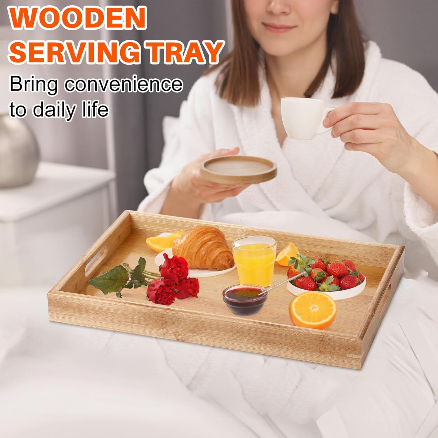 6Pcs Bamboo Serving Tray with Handles and Coasters Trays for Serving Food for Breakfast Dinner Coffee Snacks Suitable for Living Room Bedroom and Kitchen - Image 7