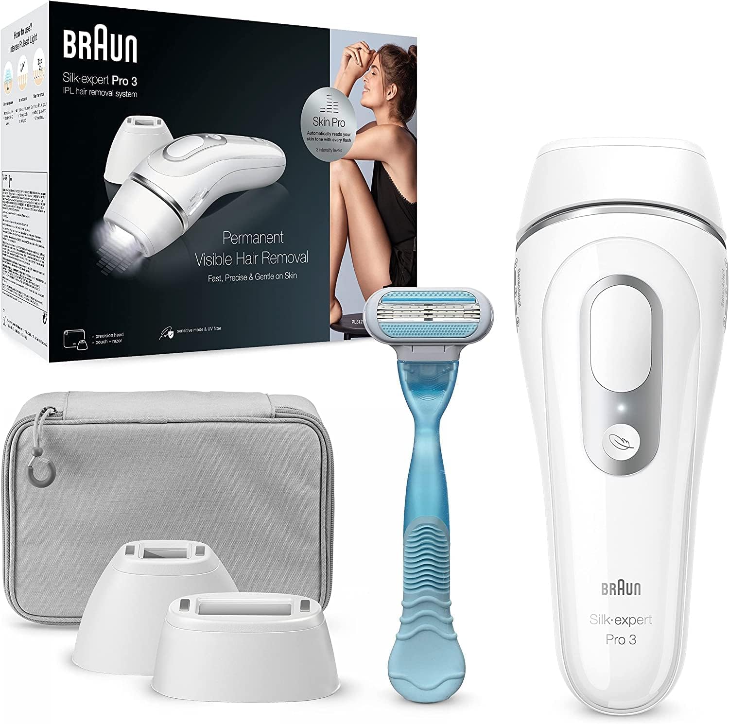 Braun IPL Silk Expert Pro 3 Haarentfernungsgerät Damen/Herren, 2 Aufsätze, sichtbare Haarentfernung, Designed In Germany, Venus Rasierer, Alternative zu Laser Haarentfernung, PL3121, Weiß/Silber