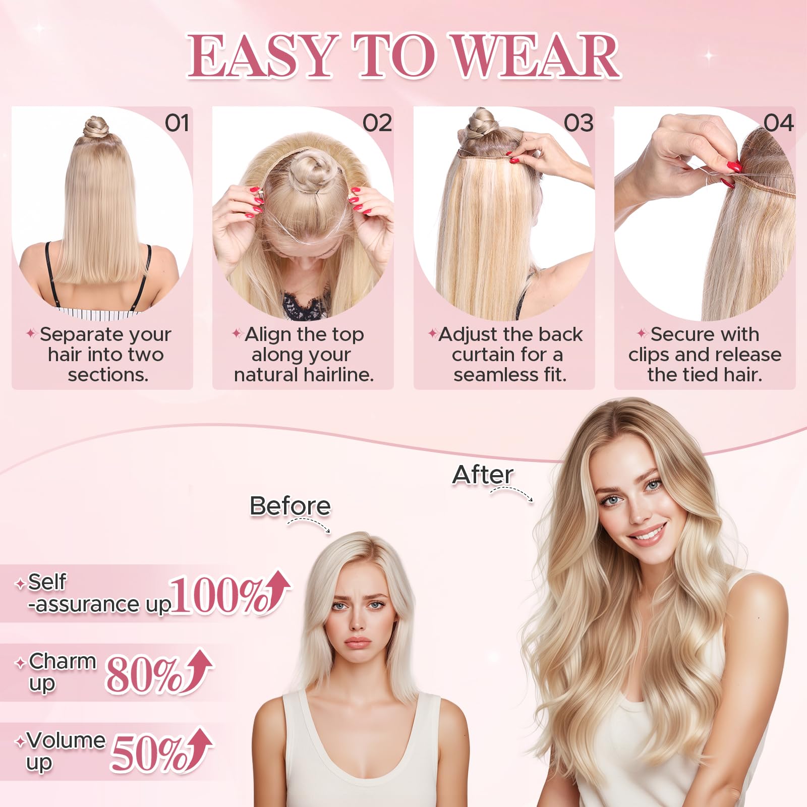 Secret Hair Extensions Echthaar Haarverlängerung mit Draht Haarteile 1 Tresse Invisible Wire adjustable für Damen 50 cm - 70g Naturschwarz #1B