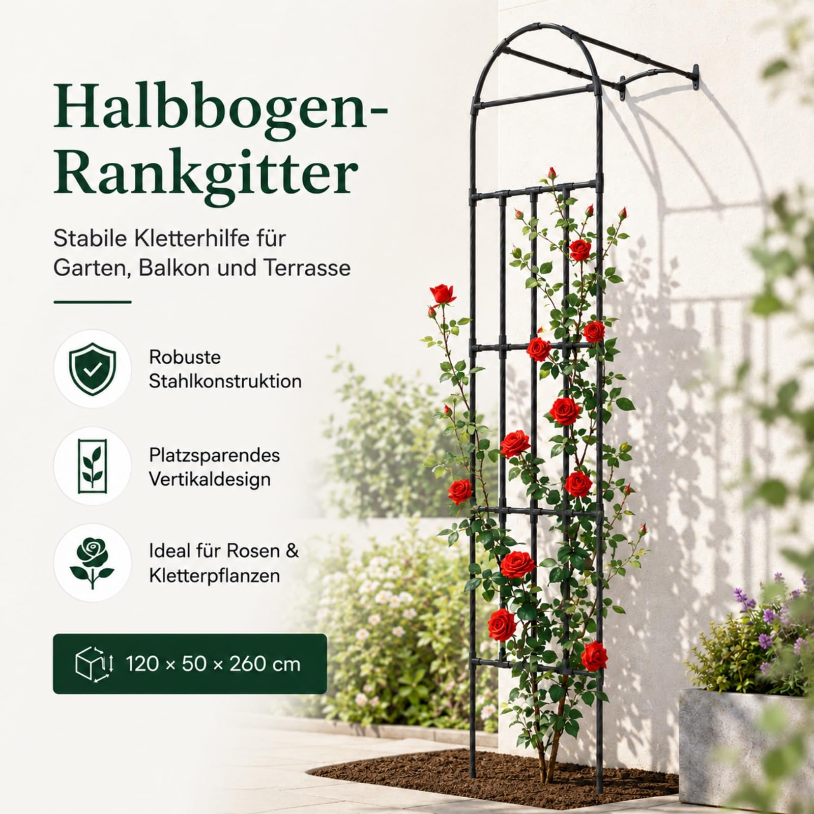 Rosenbogen halbrund 120 X 50 X 260 cm Halbrundes Spalier Stahl stabiles Gartenspalier Metall Gartenbogen Spalier für Kletterpflanzen
