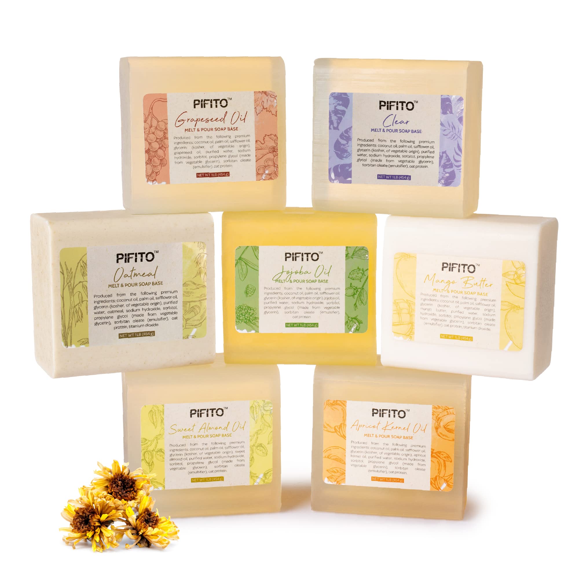 Pifito Melt and Pour Soap Base Sampler (7 lbs) │ Assortment of Jojoba Oil, Sweet Almond Oil, Mango Butter, Apricot Kernel Oil, Grapeseed Oil, Oatmeal, Clear (1lb ea) │ Glycerin Soap Making Supplies