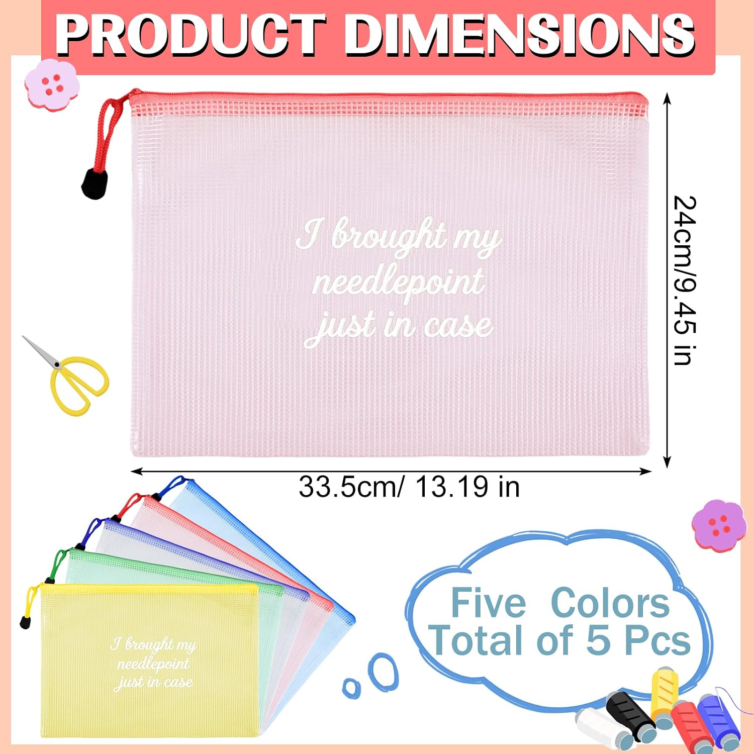 Hsei 5 Pack Needlepoint Project Bags, A4 Clear Mesh Zipper Pouches for Embroidery, Cross Stitch, Quilting and Sewing Supplies, 5 Colors Craft Organizer Art Stitching Gift 13.19 x 9.45 Inch