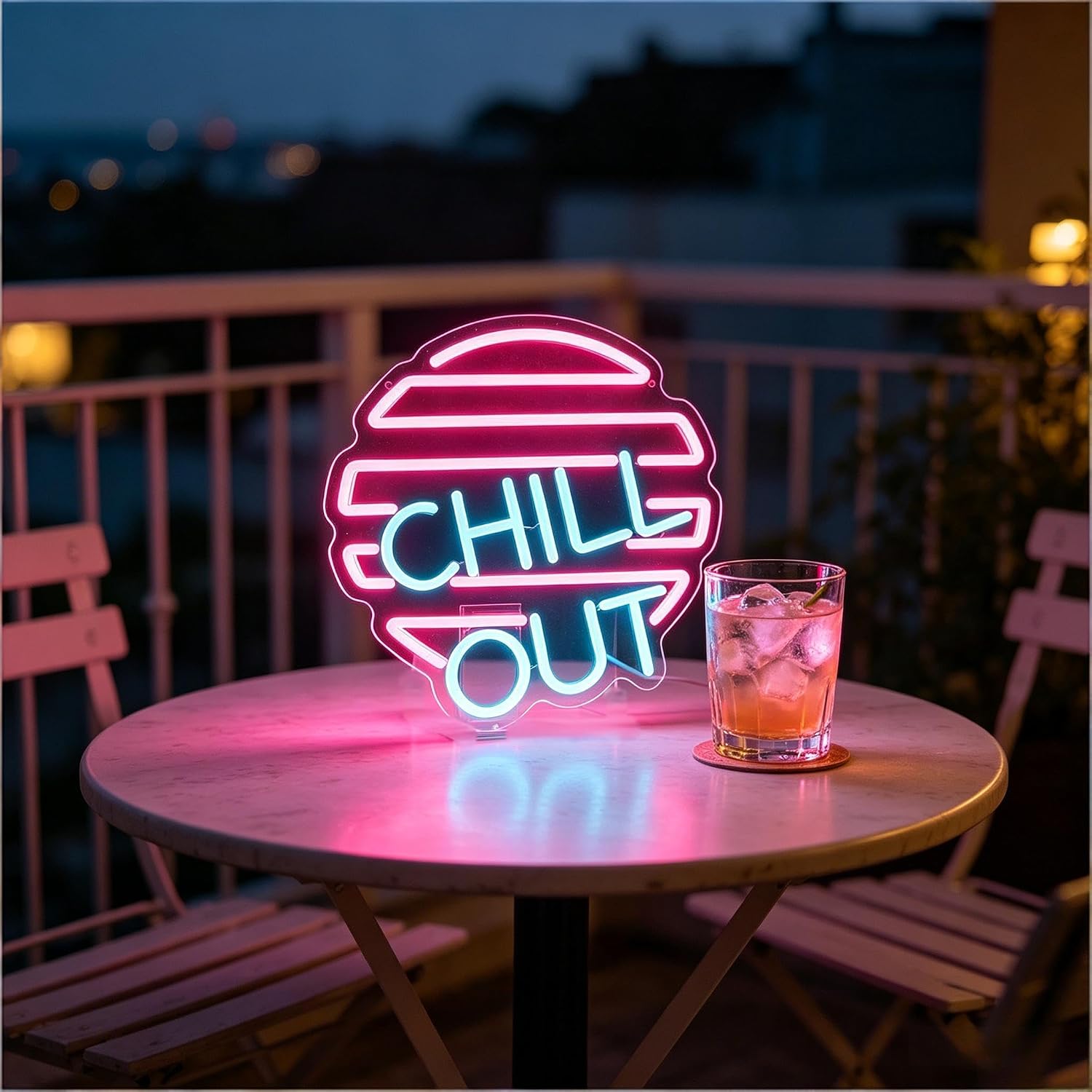 Chill Out LED Neon Sign, USB Powered Decorative Neon Light for Bedroom Living Room Party Relaxation Space Wall Table Chill Theme Decor, Pink and Light Blue Accent, 12.8 x 12.8 In
