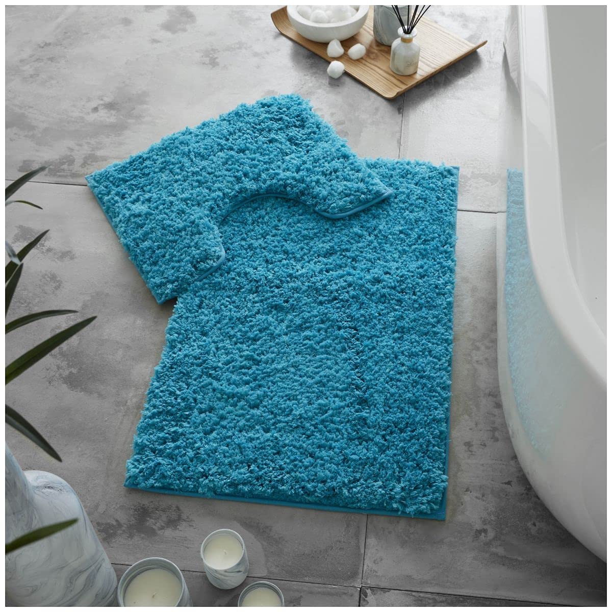 GC GAVENO CAVAILIA Luxury Super Soft 2 Piece Zero Twist Bath Mat Pedestal Set Non Slip, Extra Absorbent 100% Polyester Bathroom Toilet Rug, Regular (50x80, 50x40 cm), Turquoise