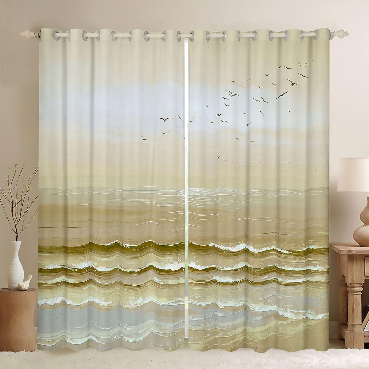Homemissing Tende da spiaggia astratte gialle per camera da letto, pittura a olio oceano, oscuranti, tende oscuranti, onde marine, gabbiano, montagna, trattamenti, 2 pannelli 116 x 182 cm (larghezza x