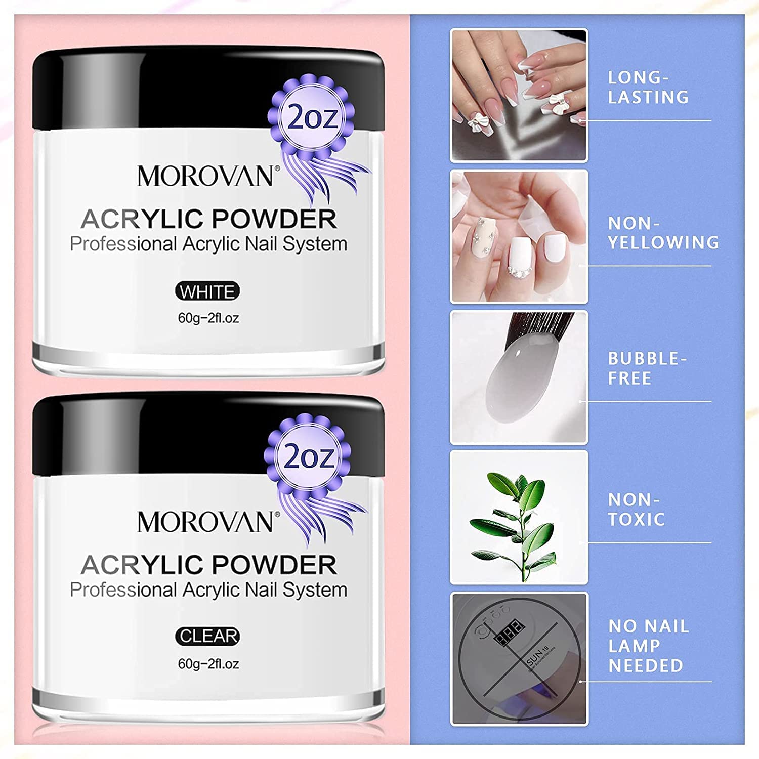 Morovan Acrylic Powder and Liquid Set Acrylic Nail Kit for Beginners - Clear White Acrylic Powders 4oz EMA Monomer for Nail Extension Carving Professional Refill Manicure French Tips Nails Art Set