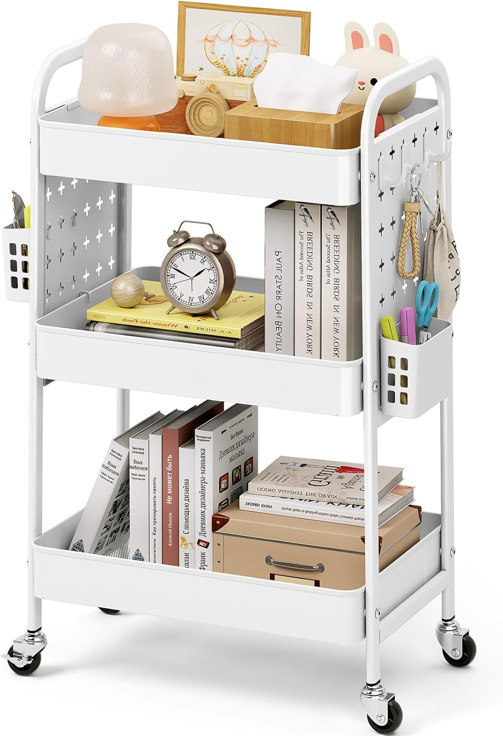 KINGRACK 3 Tier Rolling Cart with DIY Pegboard, Metal Utility Cart with Wheels, Hooks & Baskets, Sturdy Storage Organizer for Craft, Bathroom, Kitchen, Office, Nursery, Classroom (White)