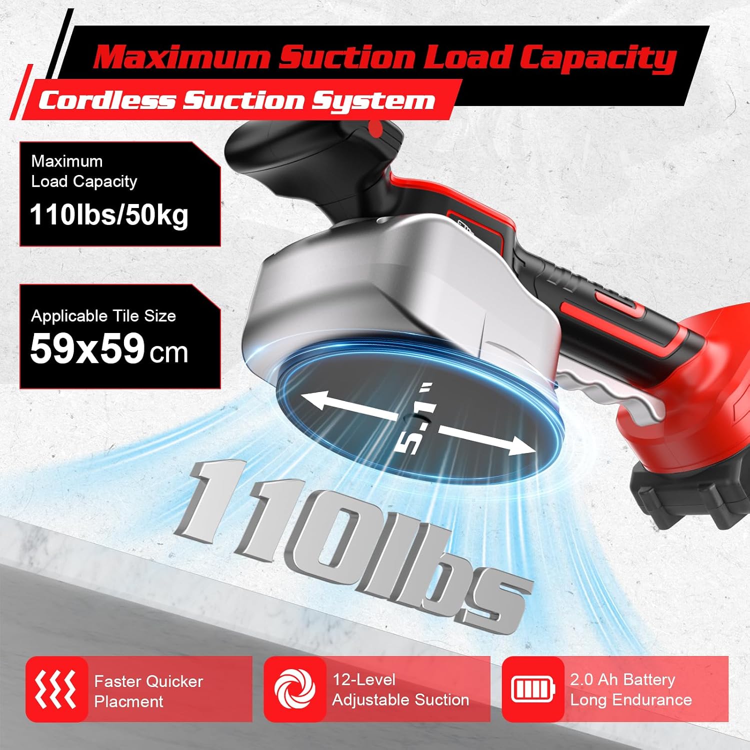 Tile Vibration Tool,Cordless Tile Vibrator Leveling Machine with 2 Batteries, 150W Motor with 12 Adjustable Speeds, Digital Display & Suction Cup for Marble/Granite Floor Installation
