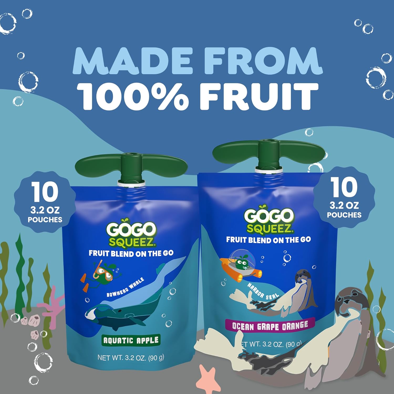 GoGo squeeZ No Sugar Added Applesauce and Fruit Puree Underwater Species Discovery Pack, Aquatic Apple and Ocean Grape, 3.2 oz Pouches (Pack of 20), Fruit Snacks for Kids, Gluten Free, Nut Free, Recloseable Cap, BPA Free