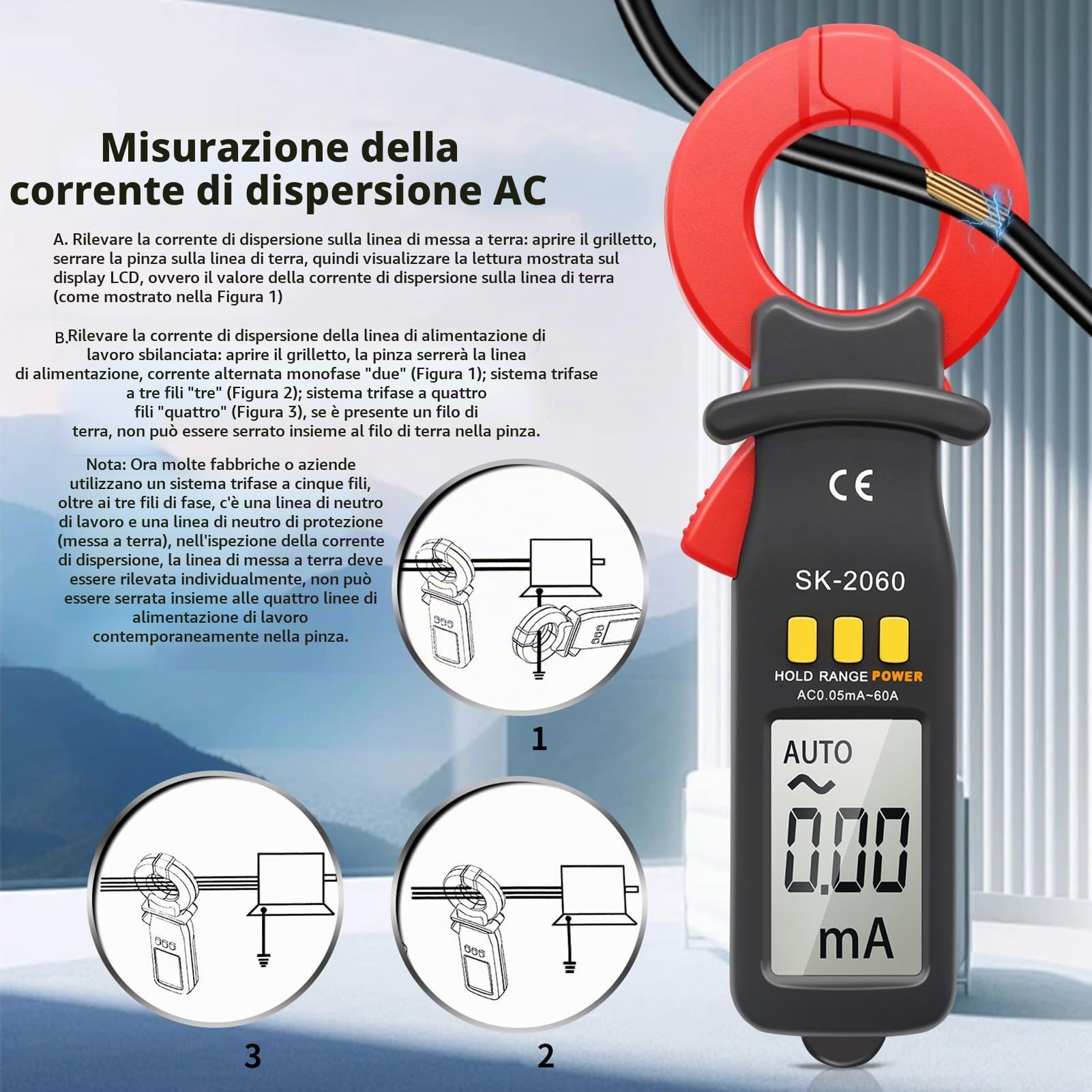 FTVOGUE Pinza Amperometrica Digitale AC DC Misuratore di Dispersione di Corrente Gamma 60A Auto Range Microamp Pinza Amperometrica con Apertura Ganascia da 30 Mm per Misurazioni Elettriche (SK-2060