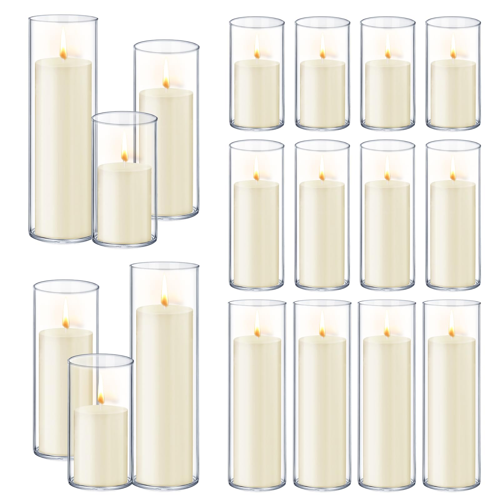 SIMILAR TO NOT EXACT 36 PCS Ivory White Pillar Candles with Glass Candle Holders Clear Hurricane Candle Holders Glass Cylinder Vases for Centerpieces Wedding Party, Event, Home Office (18 Candles+18 Candle Hoders)