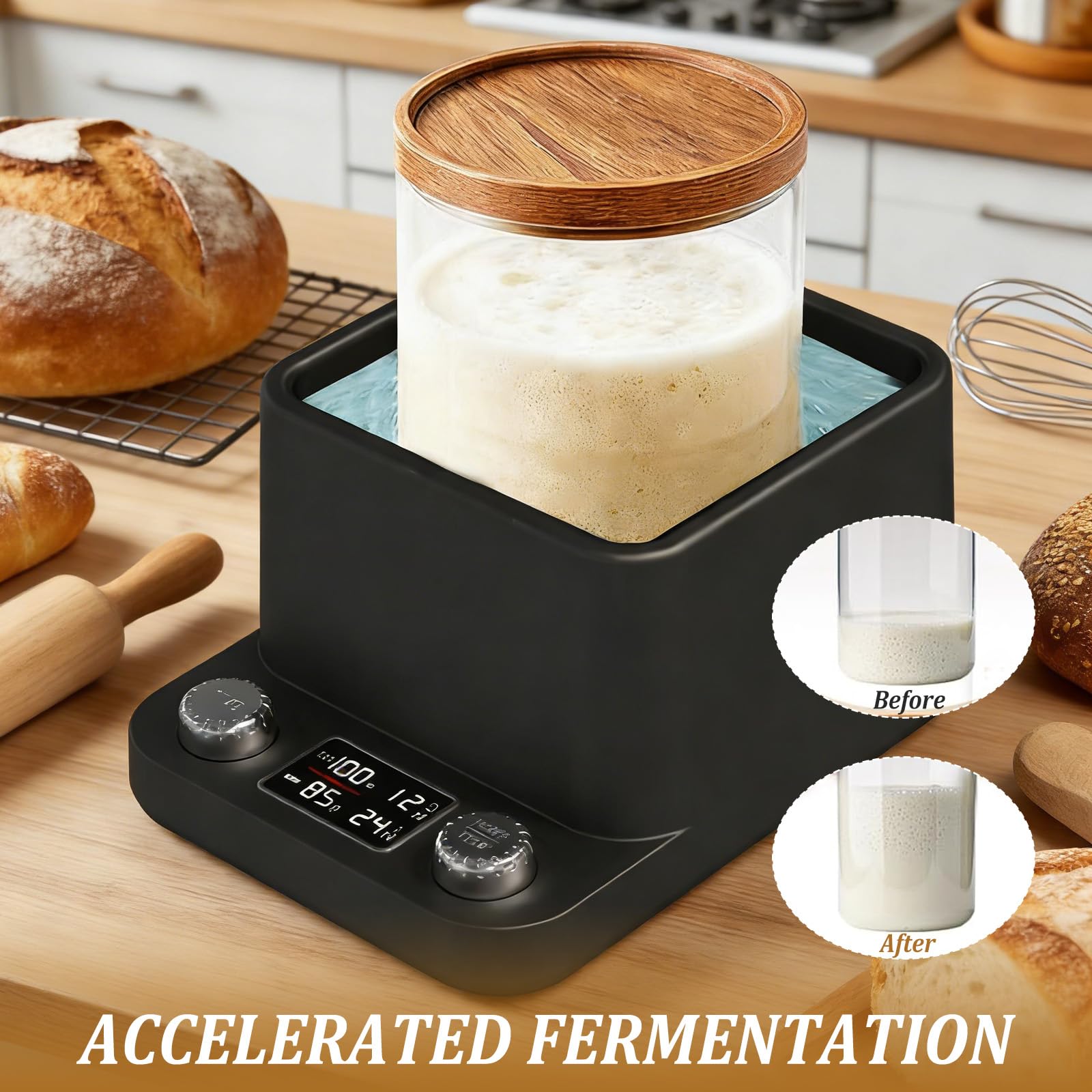 Sauerteig Starter Wärmer, 360° Gleichmäßiges Wasserbad-Sauerteigwärmer, Thermostat (21–40 °C), 198-Stunden-Timer, intelligenter Gärbehälter für die Herstellung von Kombucha, Joghurt und Bier