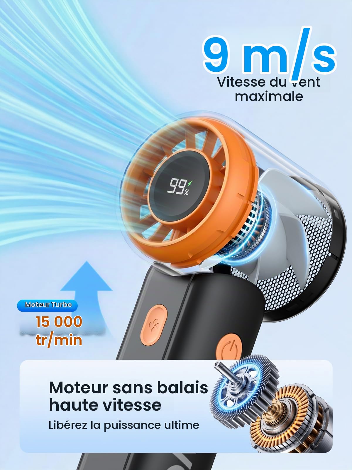 Warmco Mini ventilateur portatif 5000 mAh Turbo personnel | Batterie 5000 mAh, autonomie de 6 à 18 h, moteur 15 000 tr/min, débit d'air 9 m/s, 5 vitesses, écran LED