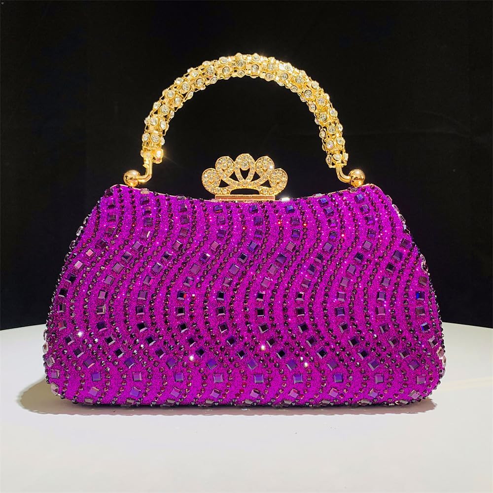 Women's Crystal Evening Rhinestone Handbag with Gold Handle Crown Claspr, Detachable Chain Formal Purse for Prom Gala for Wedding Party (Fuchsia)