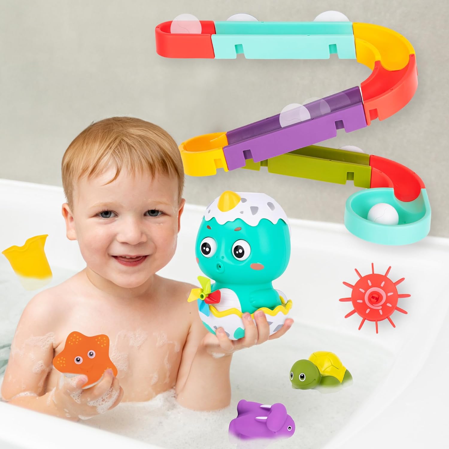 ArtCreativity Interactive Bathtub Slide Set - Bath Slide Set with Bathtub Slide, Waterfall, Marble Run, Spinning Pinwheels, and Unique Squirt Toys (Turtle, Walrus, and Starfish) - Stong Suction Cups