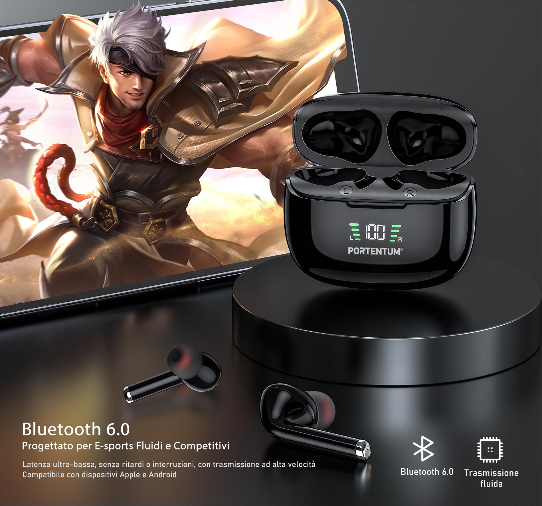 PORTENTUM Cuffie bluetooth 6.0 wireless – Cancellazione del rumore HYBRID ANC + ENC – 60h – Auri… — immagine 14 di 16